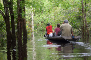 flooded forest- tourists-boat- amazon forest