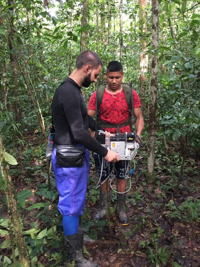 researcher and guide with instruments in the forest
